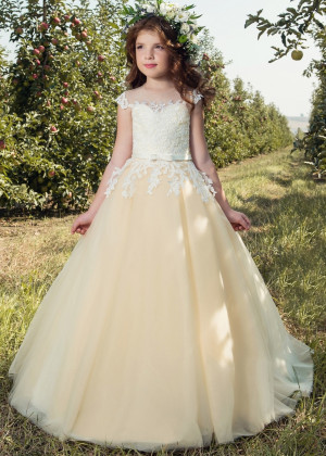 Lace Tulle Keyhole Corset Back Floor Length Flower Girl Dress
